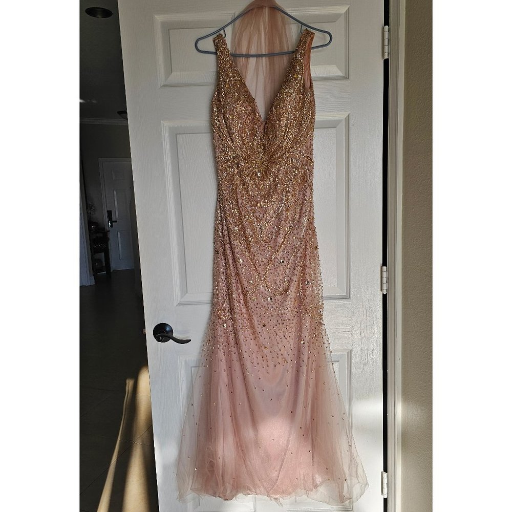 Ivonne D by Mon Cheri rose gold evening gown embellishments of glittering beads
